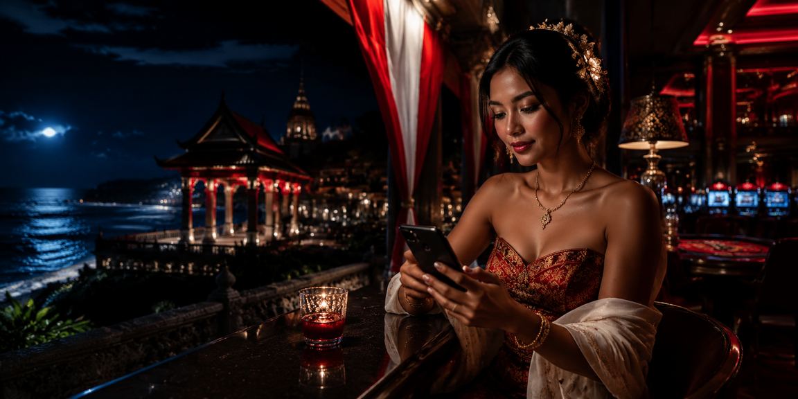 Pengguna membuka fitur mobile casino dari ponsel di area pantai